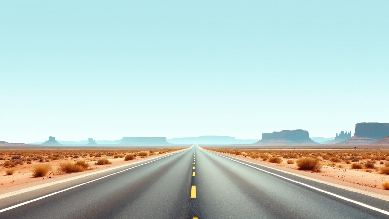 A wide empty desert highway running toward distant red rock mesas under a bleached midday sky with heat shimmer rising off the asphalt