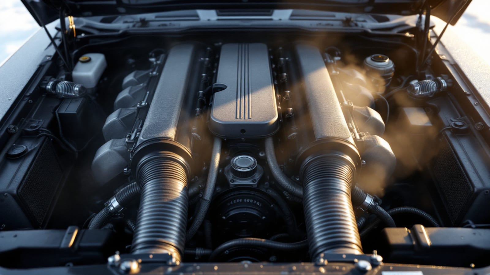 Engine bay of a modern V8 seen from above on a cold morning with condensation on the surrounding bodywork