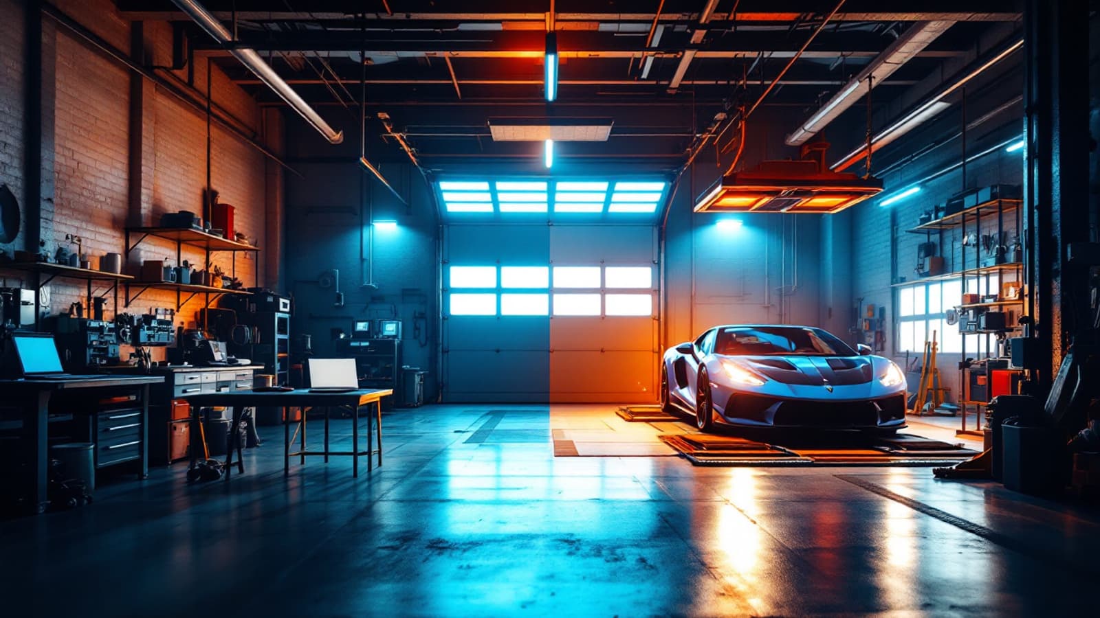 Workshop interior lit half cool blue and half warm orange, a home laptop workbench on one side and a sports car in a dyno bay on the other
