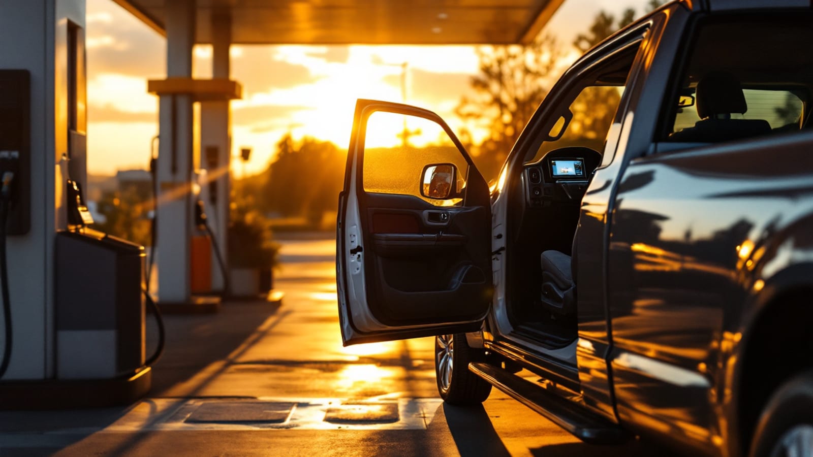 Pickup truck parked at a fuel station pump at sunset with the passenger door open and the cabin screen lit