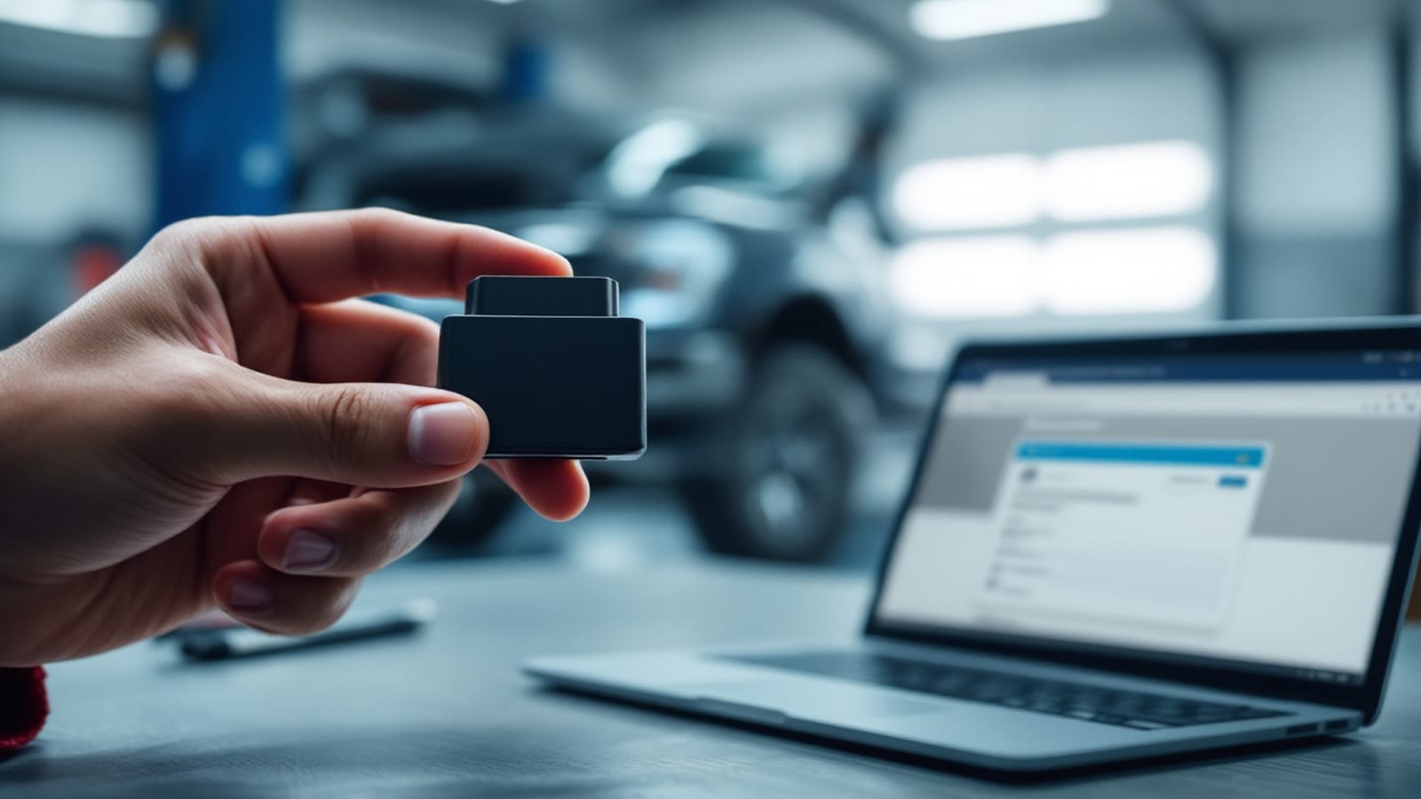 Hand holding an OBD interface device beside a laptop showing a vehicle support lookup on a workshop bench