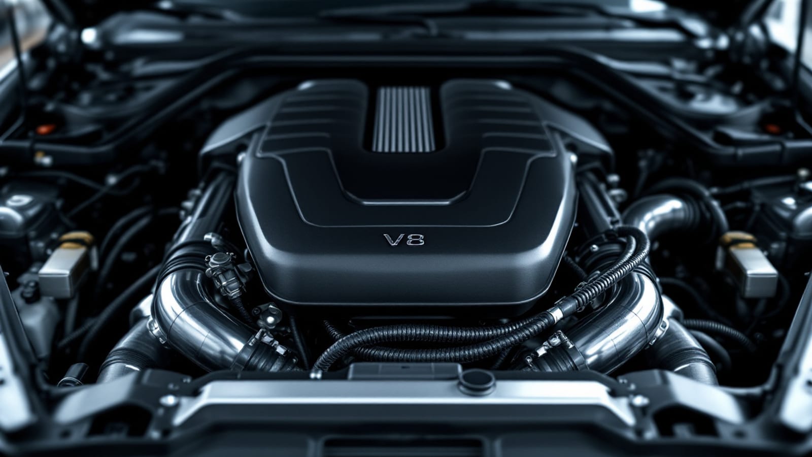 Close-up into the open engine bay of a large V8 engine with a plain black engine cover, polished intake tubing and braided hoses on either side under cool workshop lighting