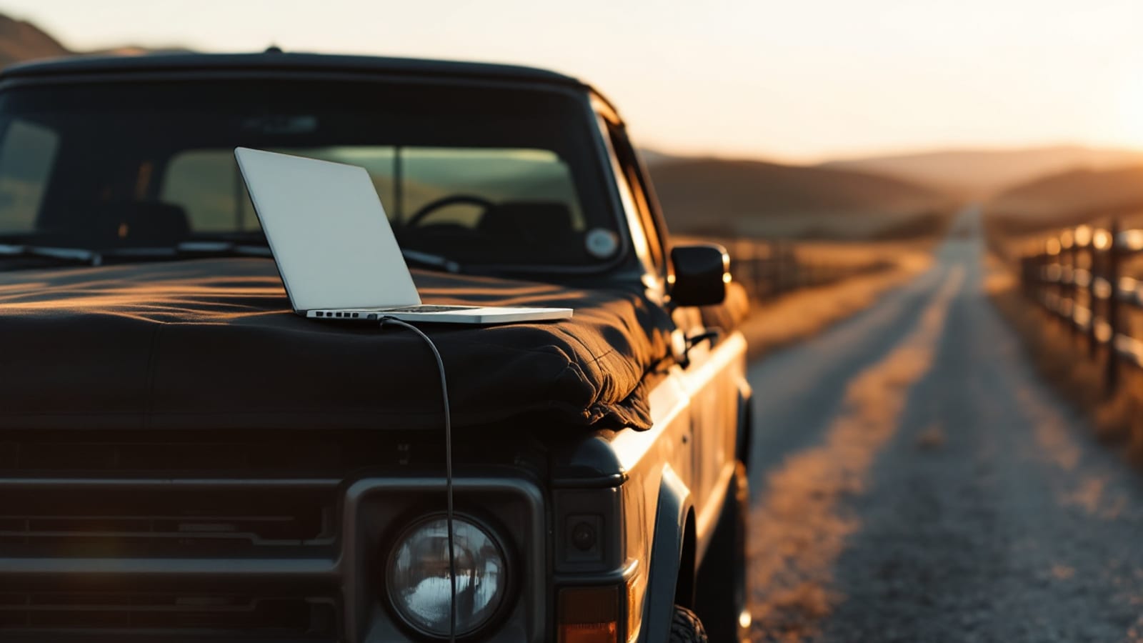 An open laptop resting on a cover over a pickup truck's hood with a cable running down to the engine bay, parked on a rural gravel road at golden hour