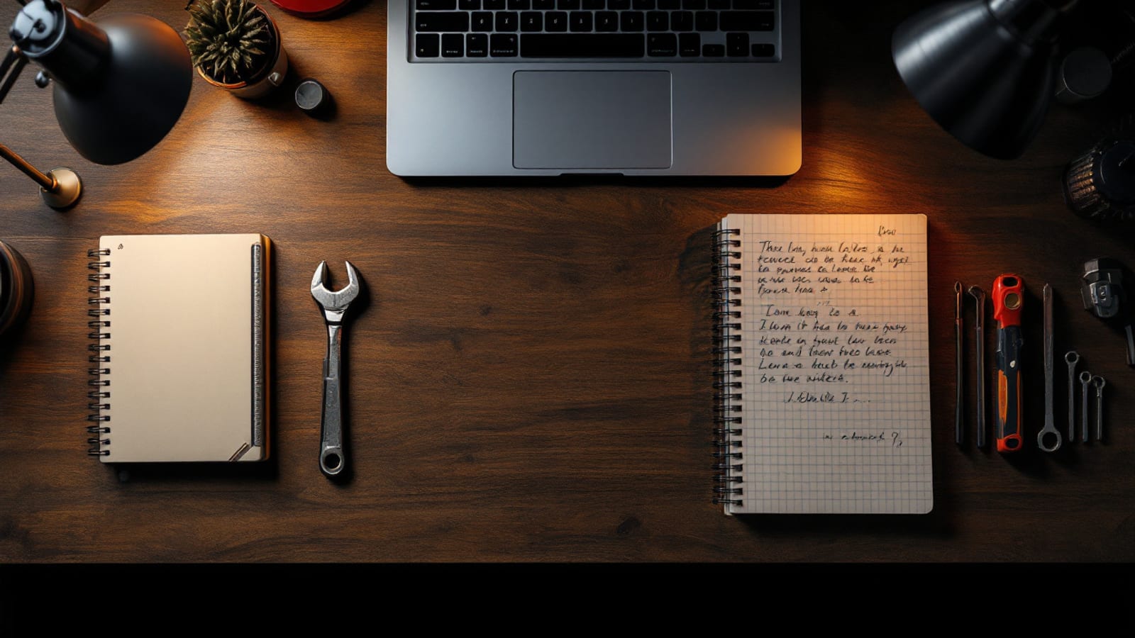 Overhead view of a tidy workshop desk with a closed laptop, spiral notebooks, a wrench and hand tools laid out on dark wood