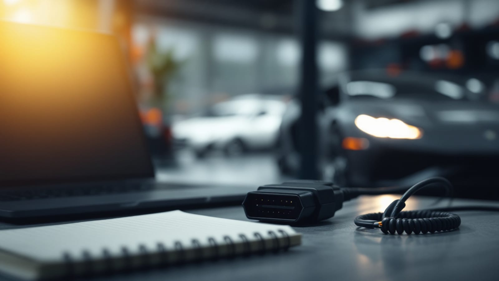 Laptop on a workbench beside an OBD interface module and a notebook, in a clean home garage with a car in the background