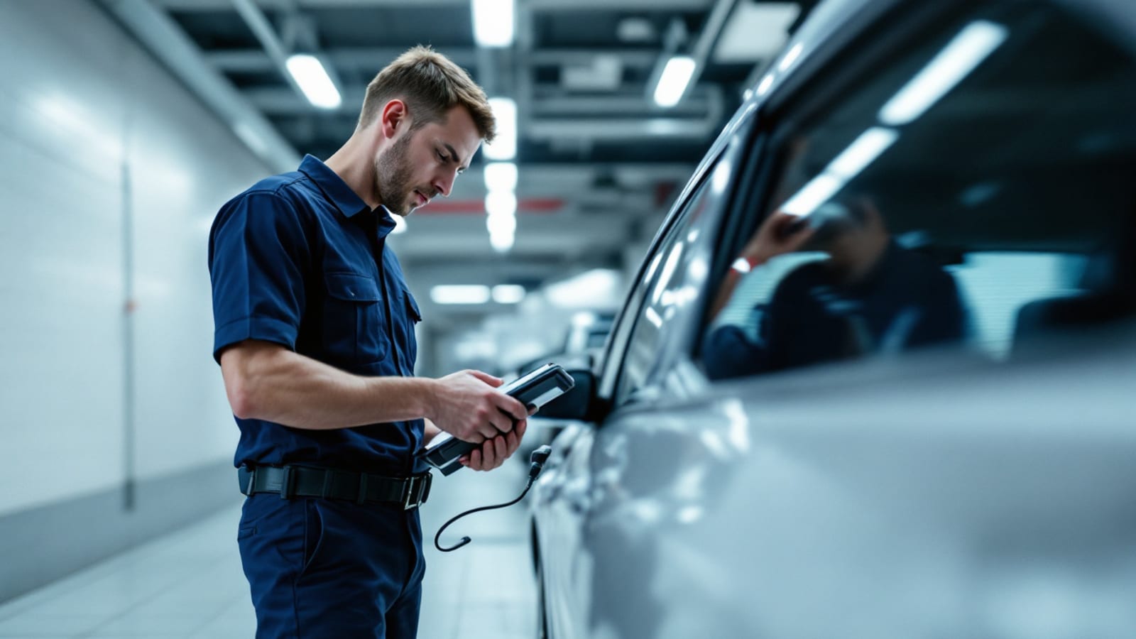 Vehicle at a state emissions inspection bay with a technician holding a diagnostic scan tool at the OBD port