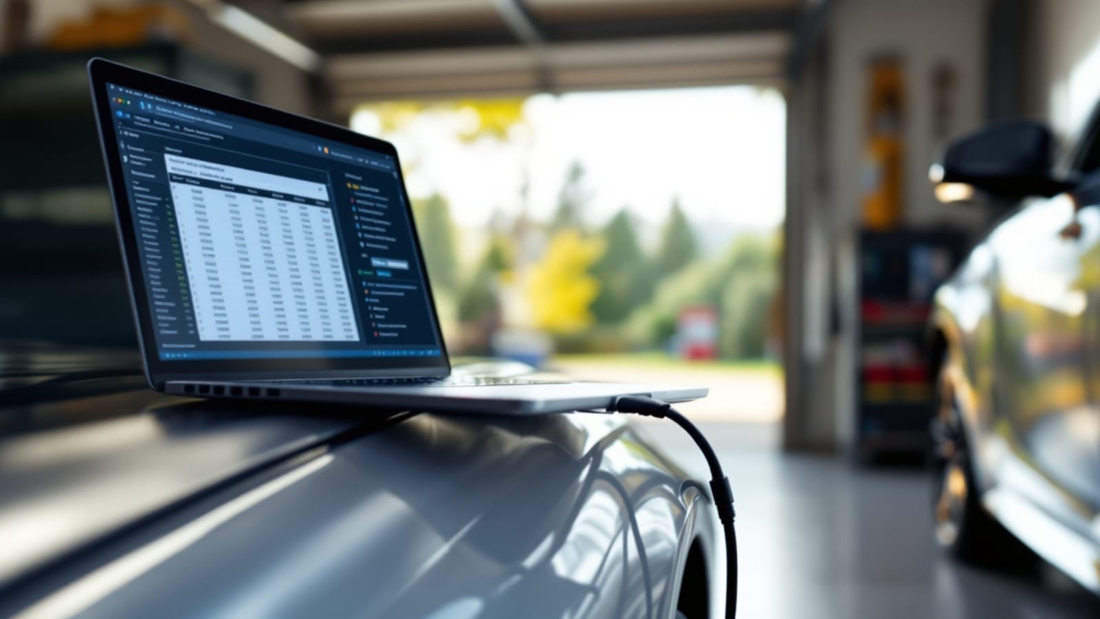 Laptop connected to a car's OBD port with tuning software table grids on screen in a home garage